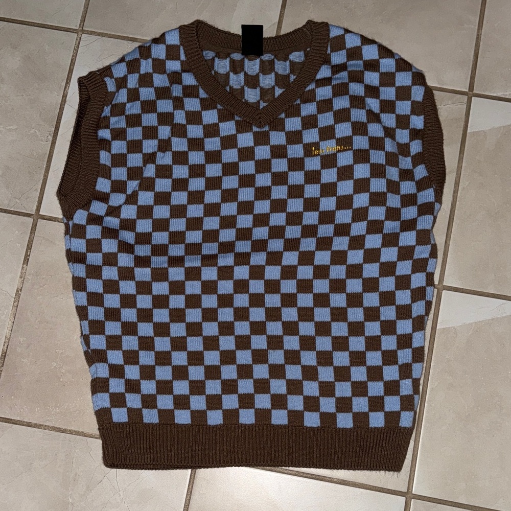 iets frans… | Brown & Blue Checkered V-Neck Sweater Vest